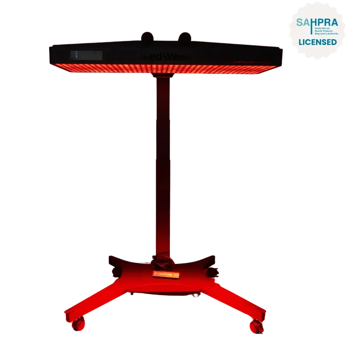 MedWave Neuro-100S dual-wavelength red light therapy panel on its mobile stand