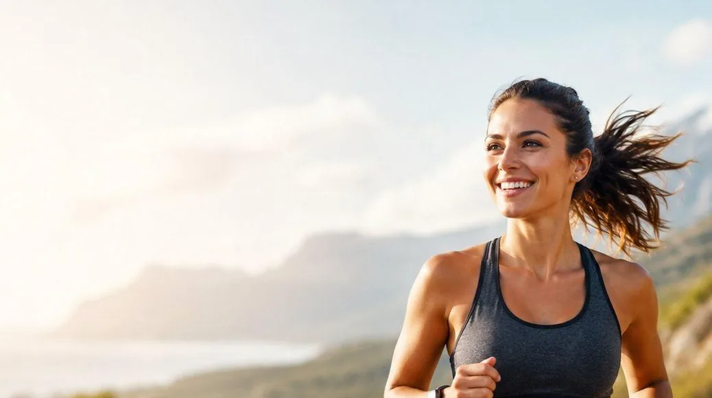 A woman running outdoors along a coastal road
